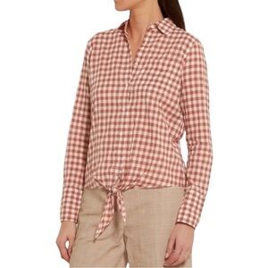 J. Crew Brown & White Gingham Plaid Long Sleeve Tie Front Blouse Women's Size S